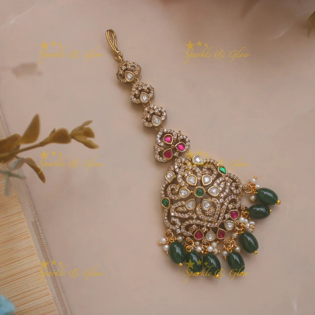 Grand Floral Victorian AD maang tikka with green beads - Sparkle and Glow
