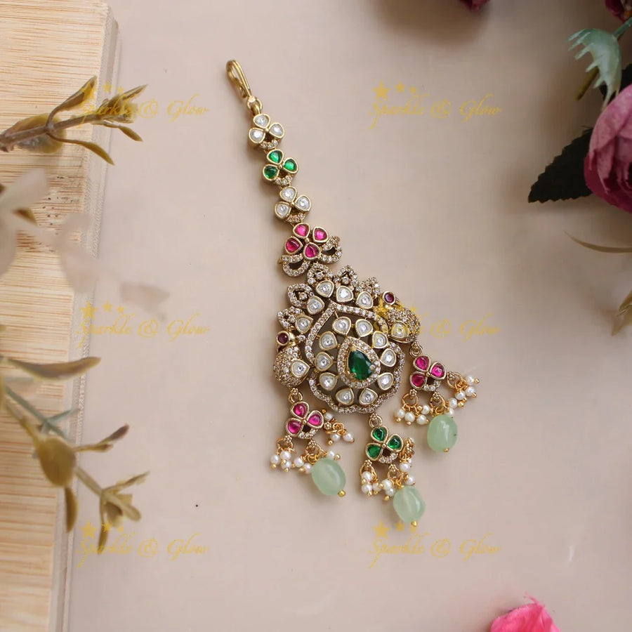 Elegant Floral peacock Victorian AD maang tikka with stones and mint green beads - Sparkle and Glow