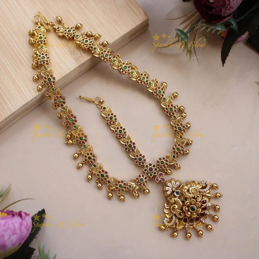 Gorgeous Peacock floral three sided bridal maang tikka with ruby emerald and gold beads - Sparkle and Glow