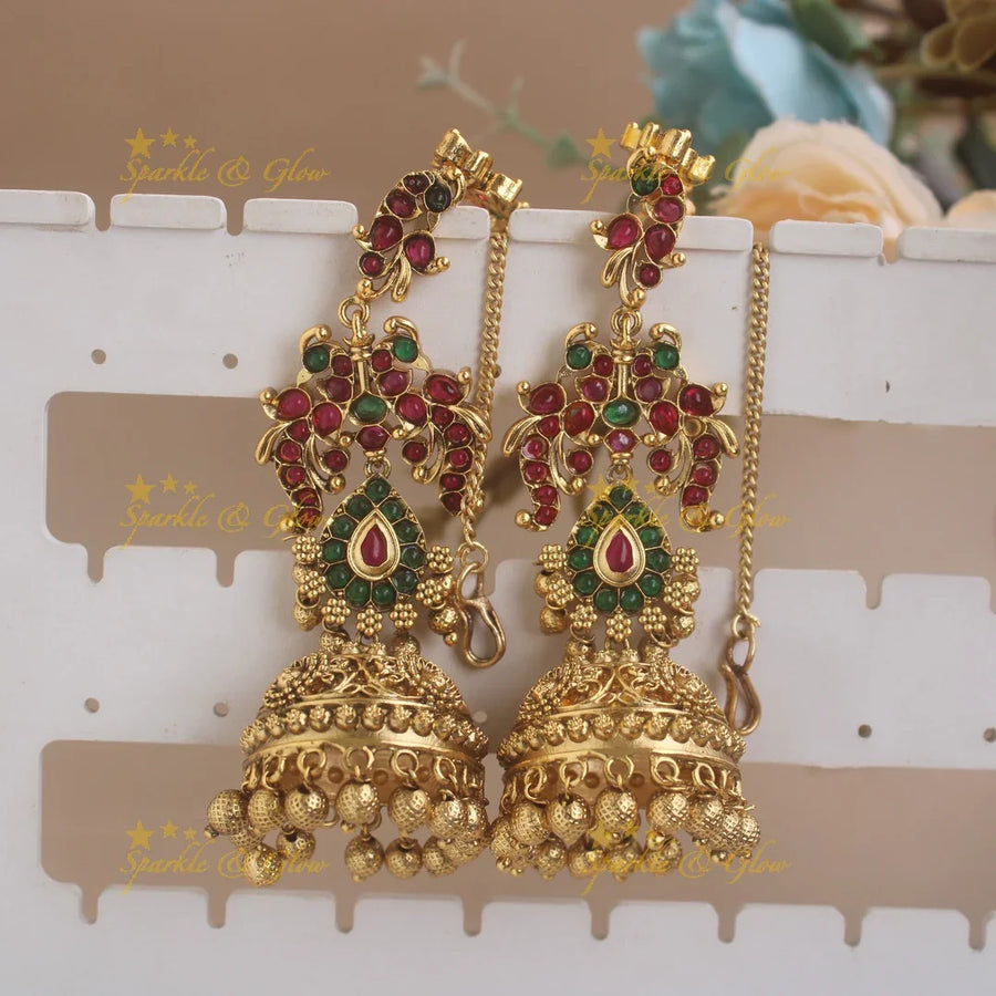 Kemp stones peacock studded intricate jhumukas with earchain - Sparkle and Glow