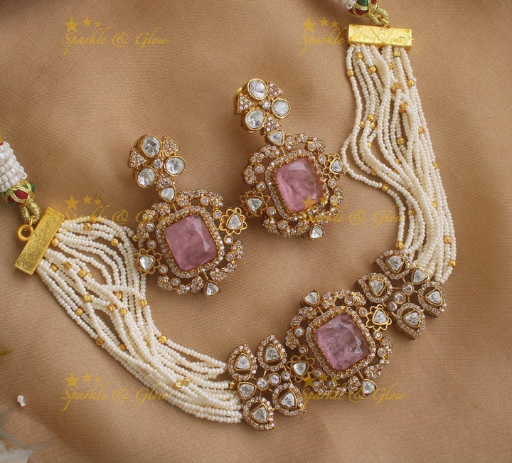 Elegant Square design Floral victorian high neck pearl choker- Green - Sparkle and Glow