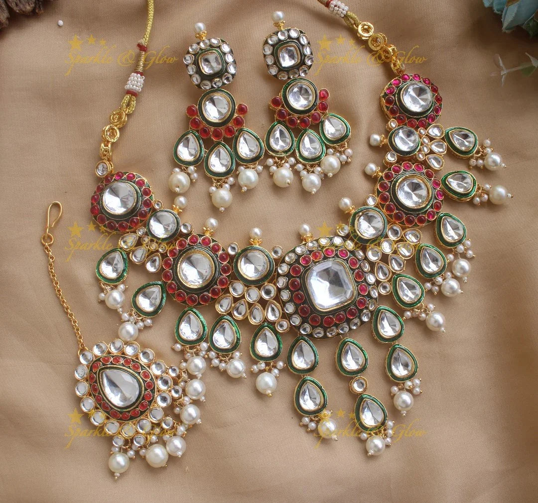 Stunning Floral Victorian Kundan Necklace with Pearl drops- Green - Sparkle and Glow