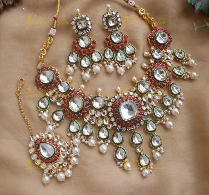 Stunning Floral Victorian Kundan Necklace with Pearl drops- Green - Sparkle and Glow