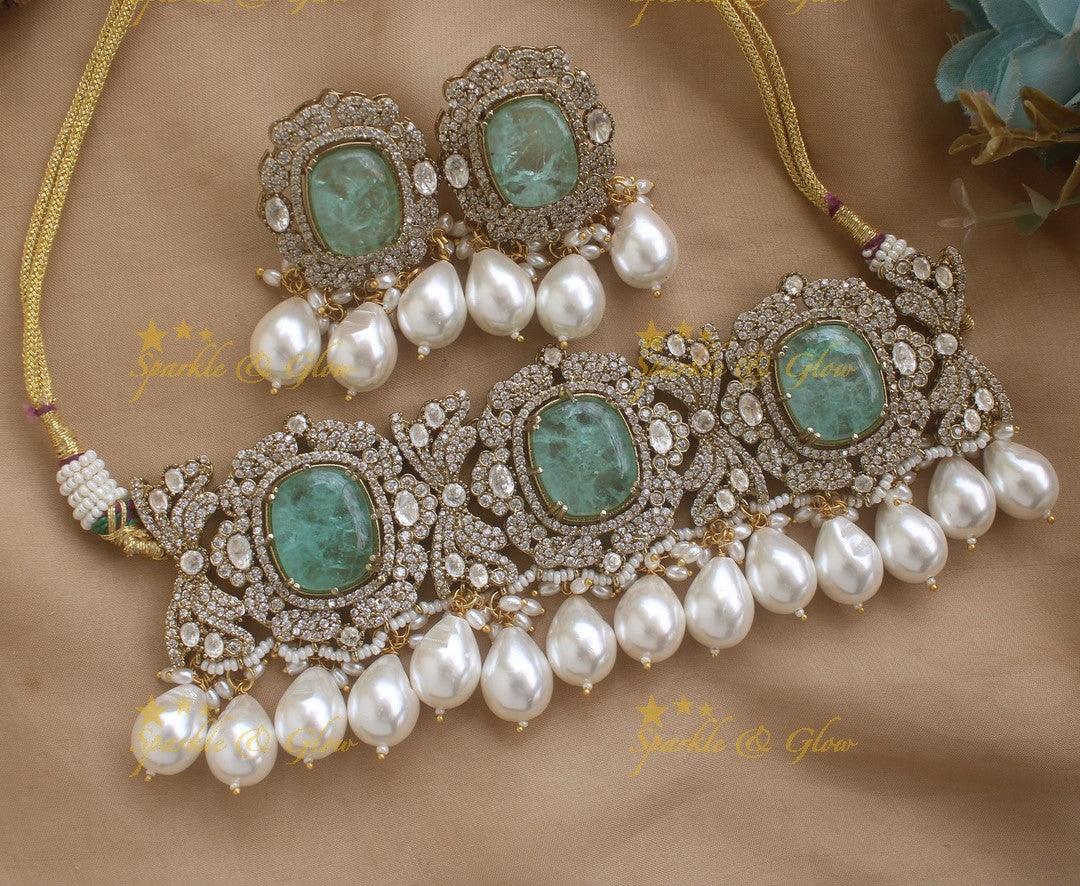 Gorgeous Oval stone victorian AD choker with pearl drops - mint green - Sparkle and Glow