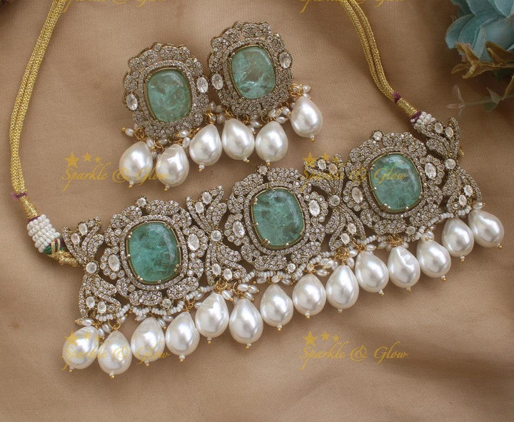 Gorgeous Oval stone victorian AD choker with pearl drops - mint green - Sparkle and Glow