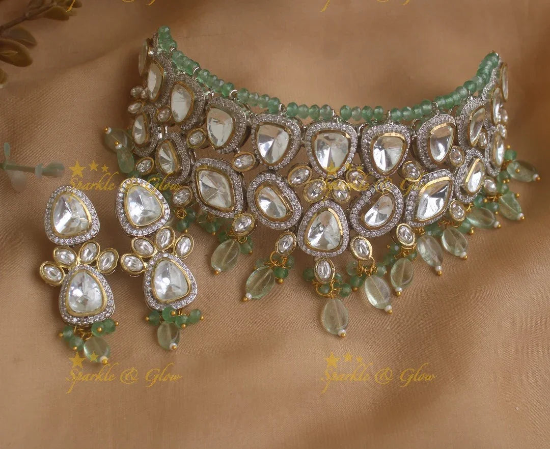 Beautiful Oval design Mint green cluster beads Victorian Kundan Choker - Sparkle and Glow