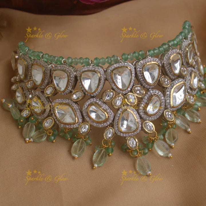 Beautiful Oval design Mint green cluster beads Victorian Kundan Choker - Sparkle and Glow