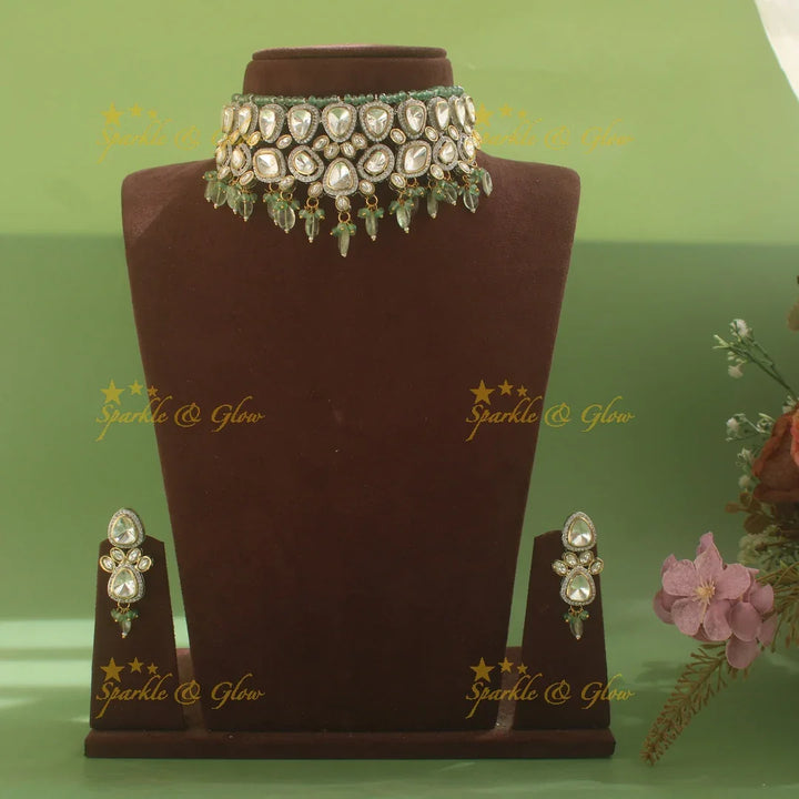 Beautiful Oval design Mint green cluster beads Victorian Kundan Choker - Sparkle and Glow