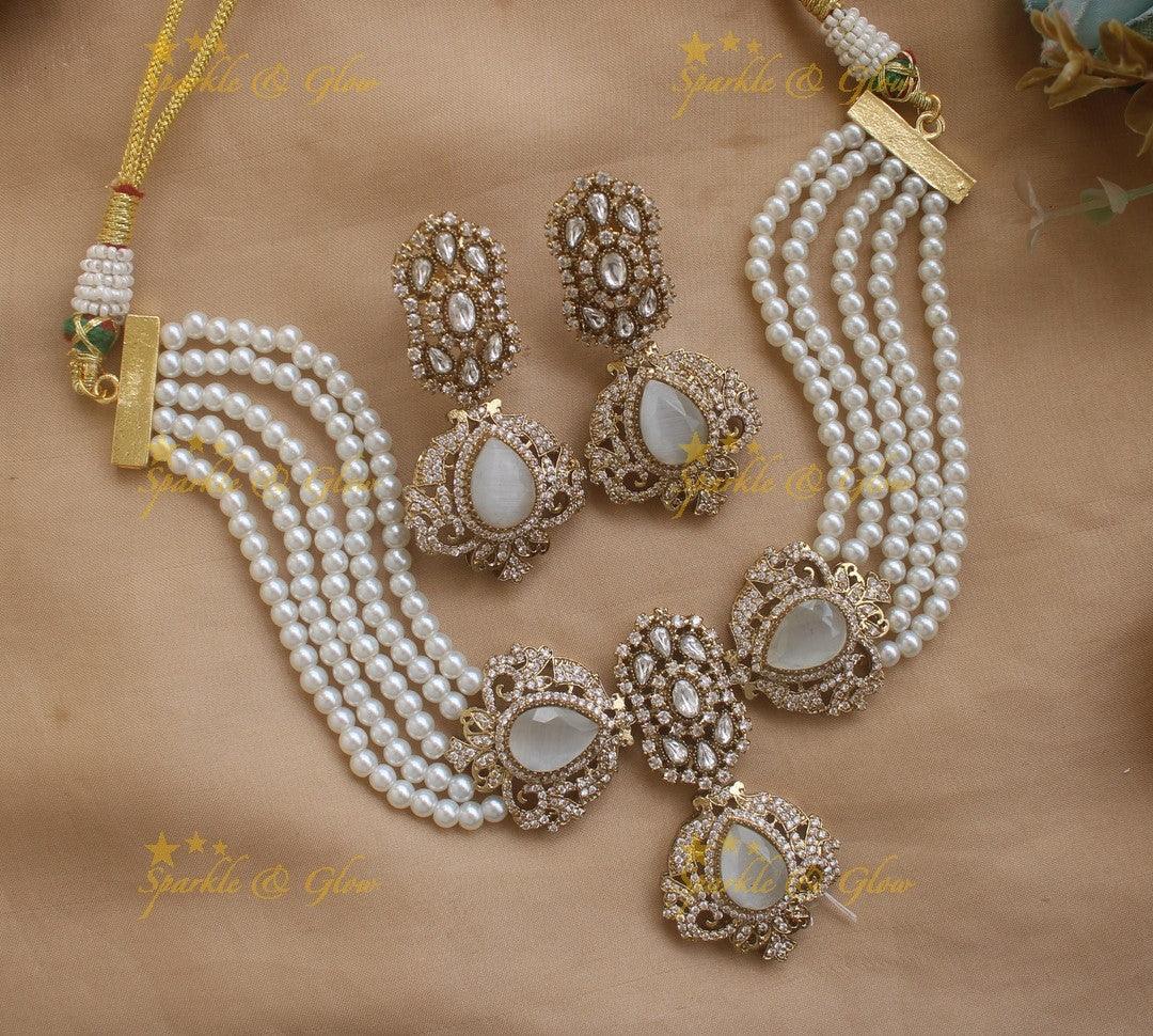 Stunning Pearl Layered Floral Victorian AD choker-Green - Sparkle and Glow