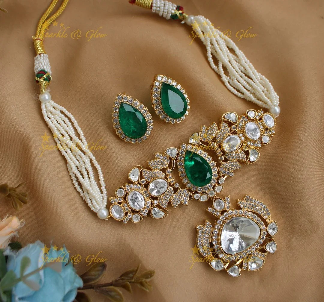 Stunning Leaf Oval design Pearl layered Victorian Kundan Choker- Green - Sparkle and Glow