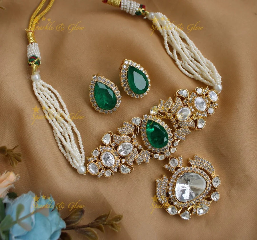 Stunning Leaf Oval design Pearl layered Victorian Kundan Choker- Green - Sparkle and Glow