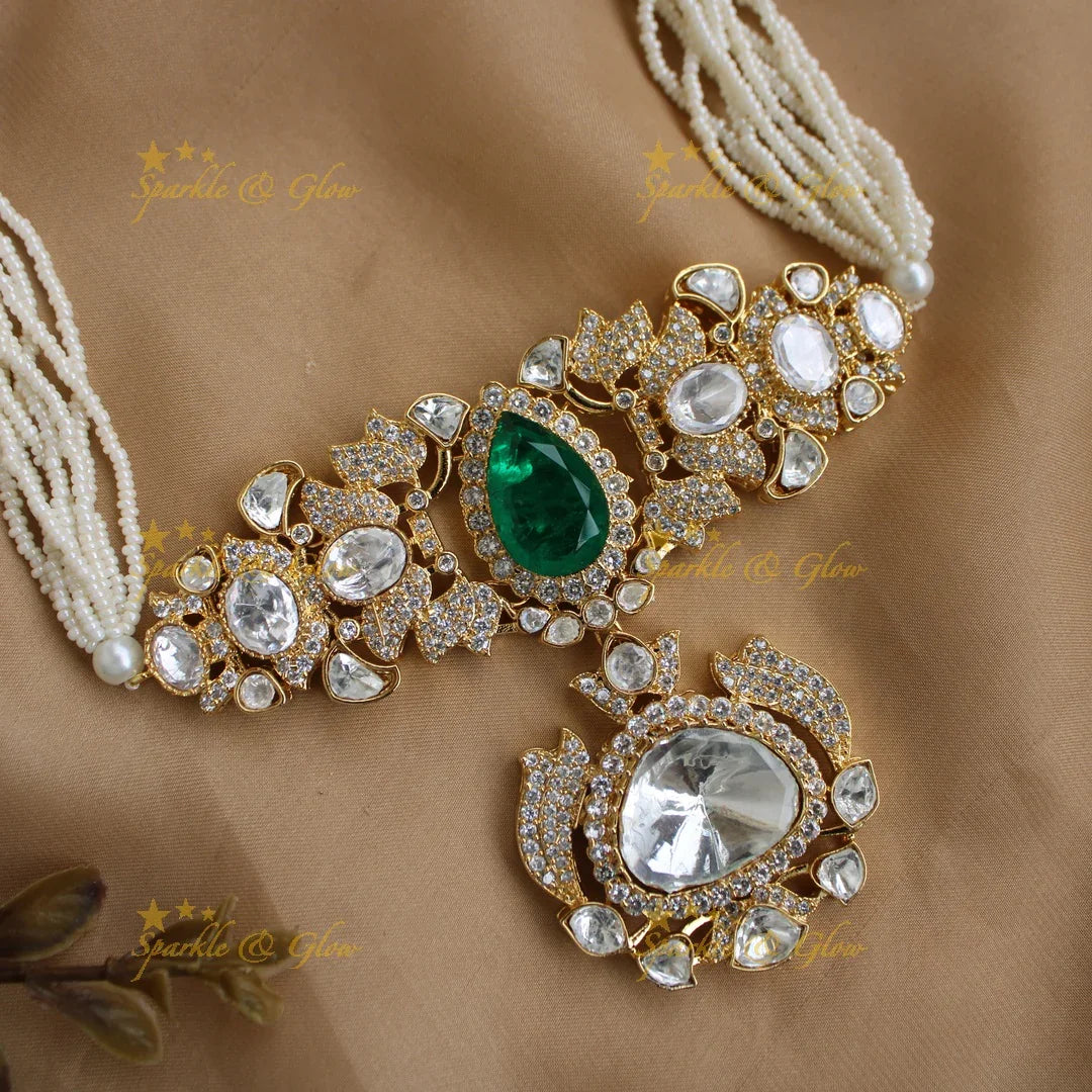 Stunning Leaf Oval design Pearl layered Victorian Kundan Choker- Green - Sparkle and Glow