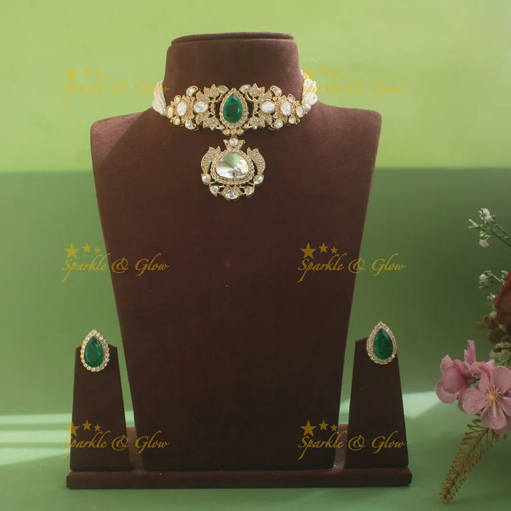 Stunning Leaf Oval design Pearl layered Victorian Kundan Choker- Green - Sparkle and Glow