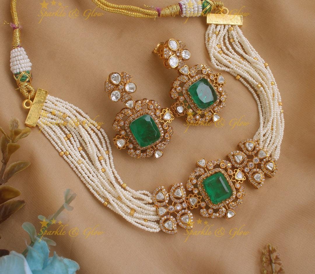 Elegant Square design Floral victorian high neck pearl choker- Green - Sparkle and Glow