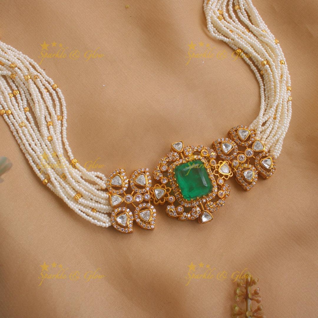 Elegant Square design Floral victorian high neck pearl choker- Green - Sparkle and Glow