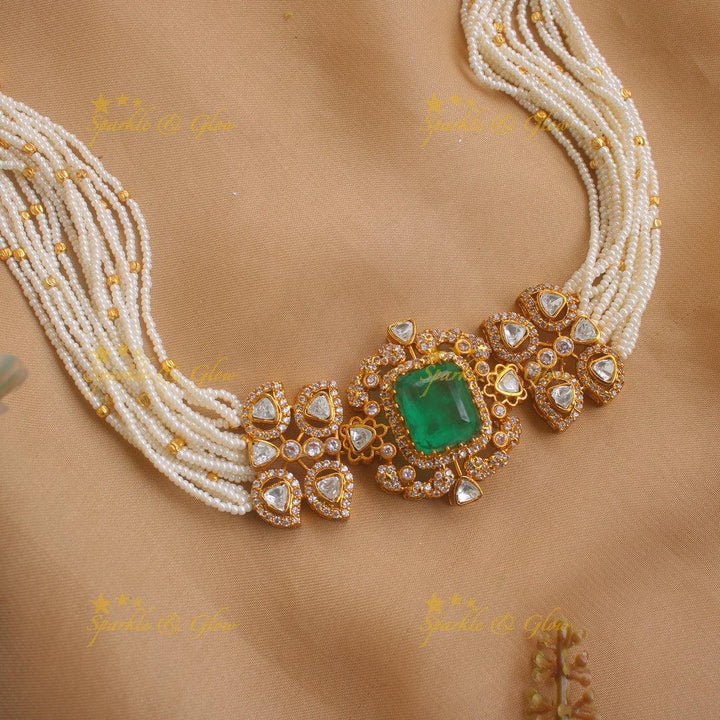 Elegant Square design Floral victorian high neck pearl choker- Green - Sparkle and Glow