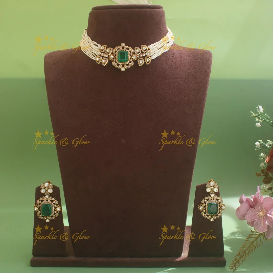 Elegant Square design Floral victorian high neck pearl choker- Green - Sparkle and Glow
