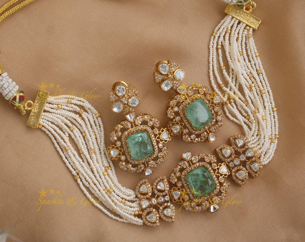 Elegant Square design Floral victorian high neck pearl choker- Green - Sparkle and Glow