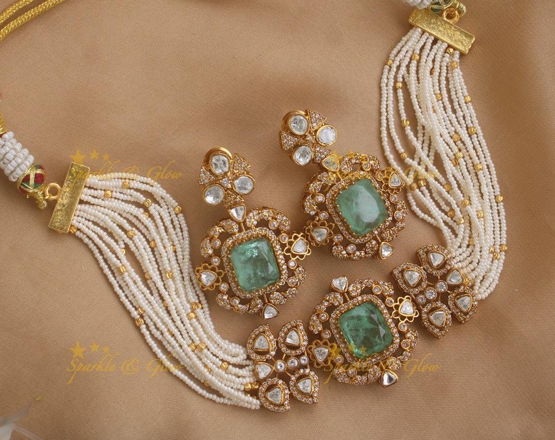 Elegant Square design Floral victorian high neck pearl choker- Green - Sparkle and Glow