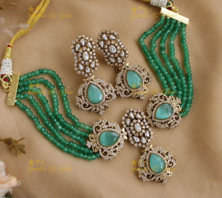 Stunning Pearl Layered Floral Victorian AD choker-Green - Sparkle and Glow