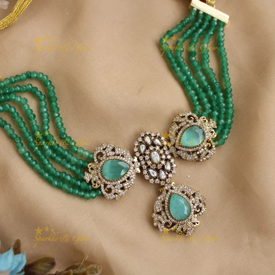 Stunning Pearl Layered Floral Victorian AD choker-Green - Sparkle and Glow