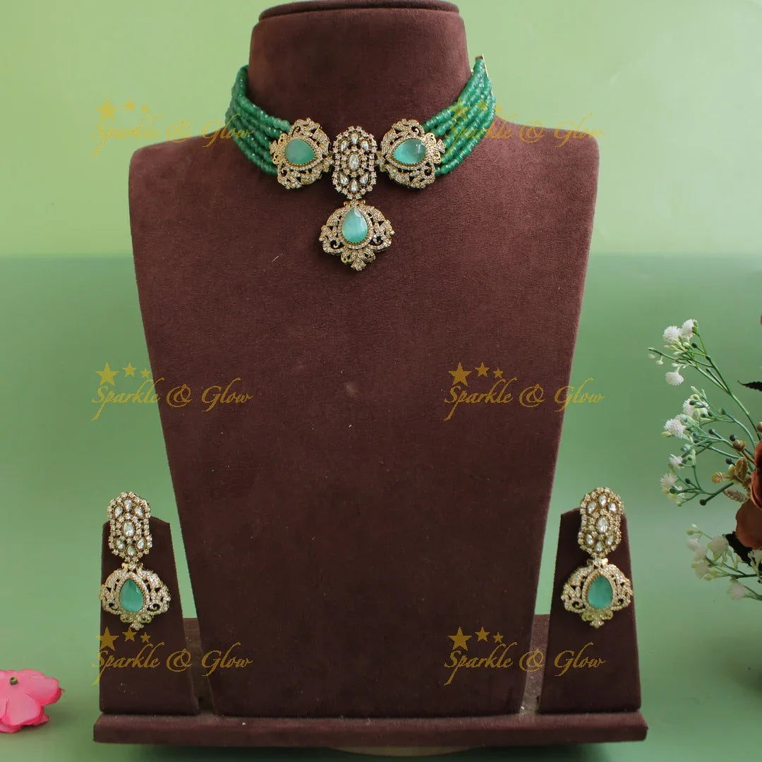 Stunning Pearl Layered Floral Victorian AD choker-Green - Sparkle and Glow