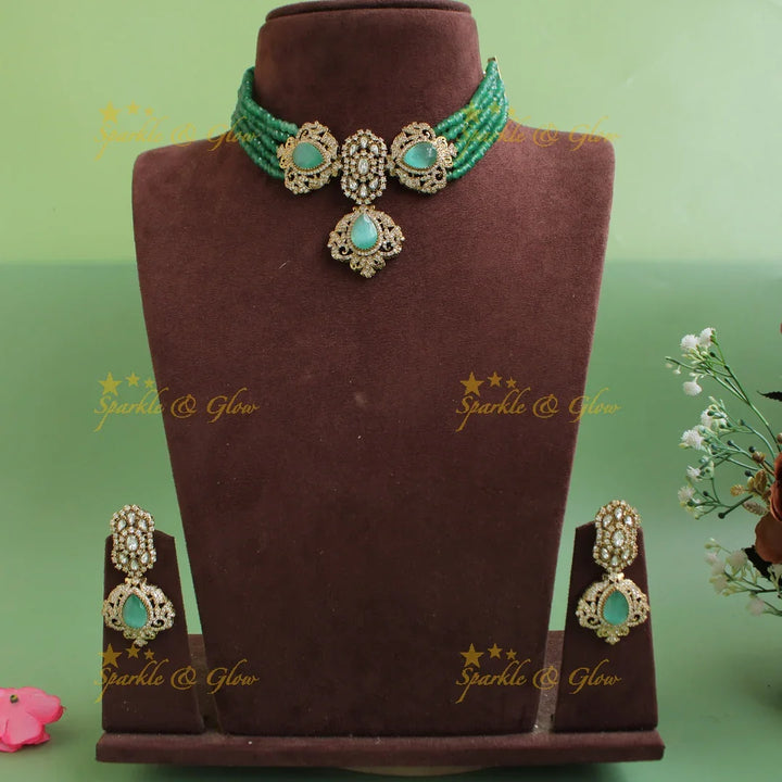 Stunning Pearl Layered Floral Victorian AD choker-Green - Sparkle and Glow