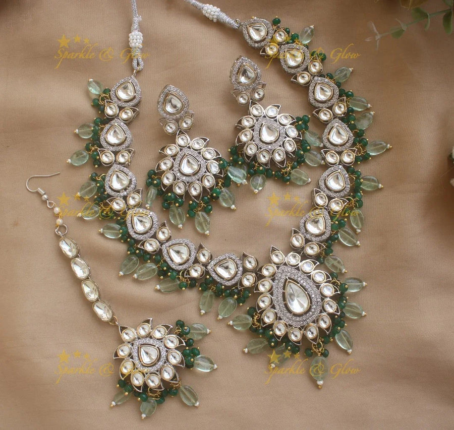 Beautiful Sunflower design Victorian Kundan Necklace with Maang Tikka- Mint green - Sparkle and Glow