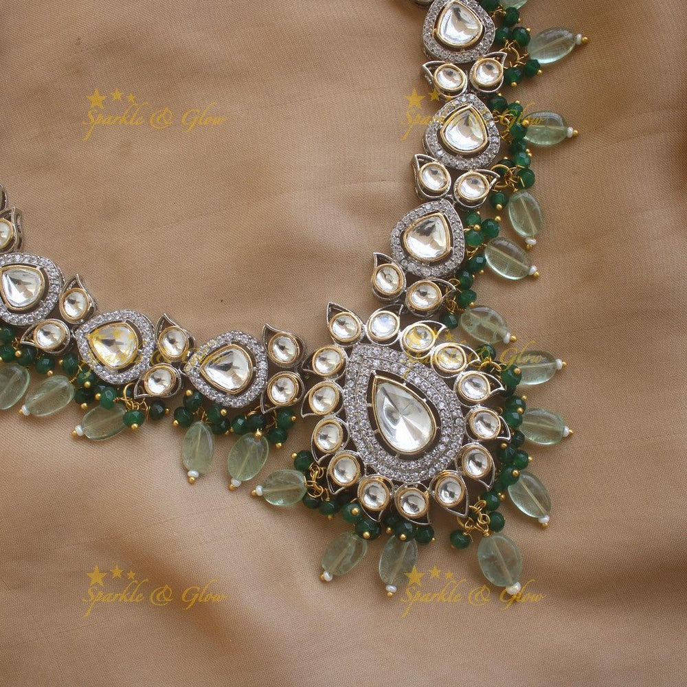 Beautiful Sunflower design Victorian Kundan Necklace with Maang Tikka- Mint green - Sparkle and Glow