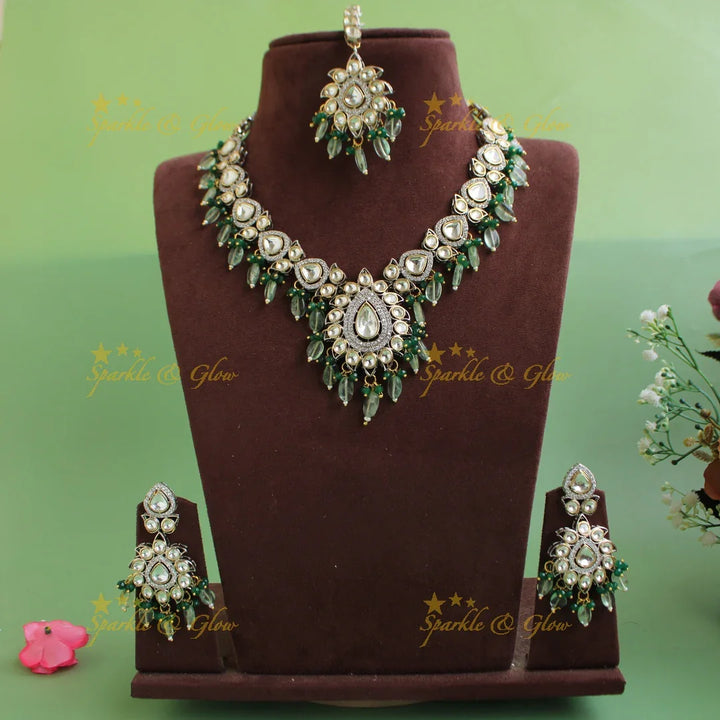 Beautiful Sunflower design Victorian Kundan Necklace with Maang Tikka- Mint green - Sparkle and Glow