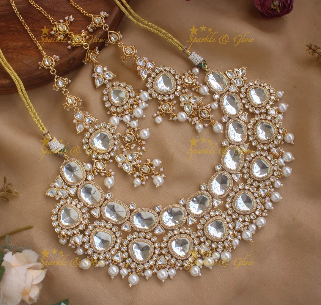 Elegant Kundan Stone Floral design Victorian AD Necklace with Maang Tikka - Sparkle and Glow
