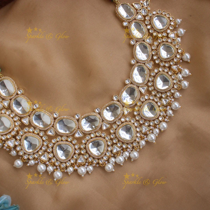 Elegant Kundan Stone Floral design Victorian AD Necklace with Maang Tikka - Sparkle and Glow