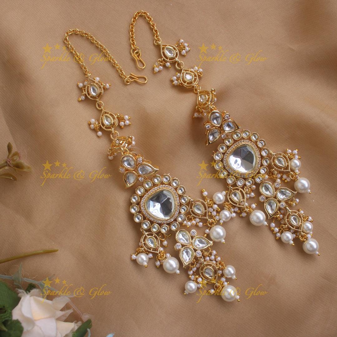 Elegant Kundan Stone Floral design Victorian AD Necklace with Maang Tikka - Sparkle and Glow