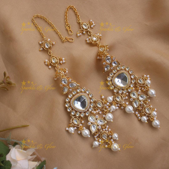 Elegant Kundan Stone Floral design Victorian AD Necklace with Maang Tikka - Sparkle and Glow