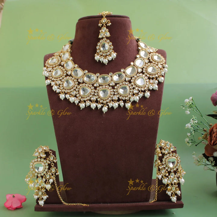Elegant Kundan Stone Floral design Victorian AD Necklace with Maang Tikka - Sparkle and Glow