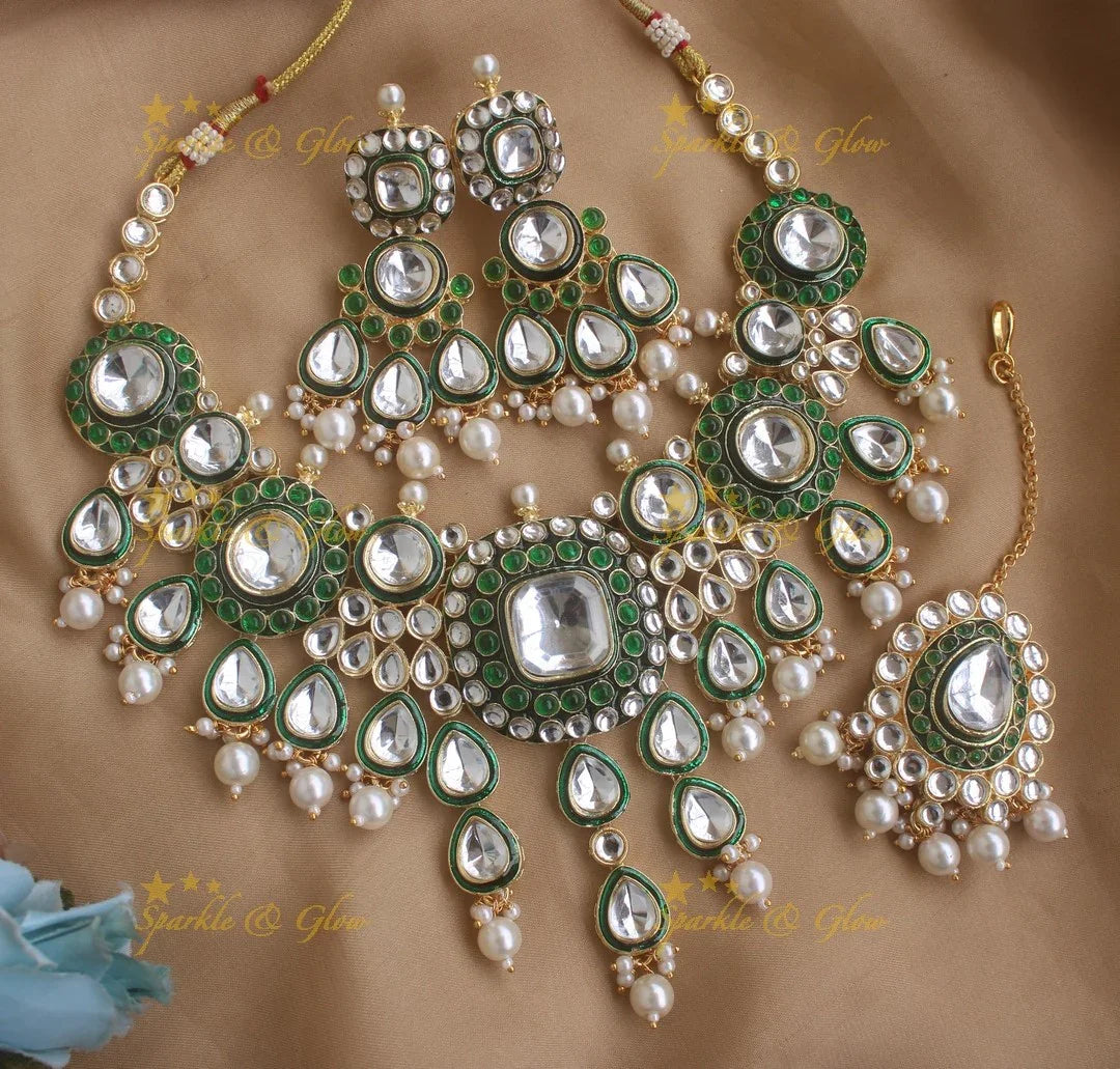 Stunning Floral Victorian Kundan Necklace with Pearl drops- Green - Sparkle and Glow