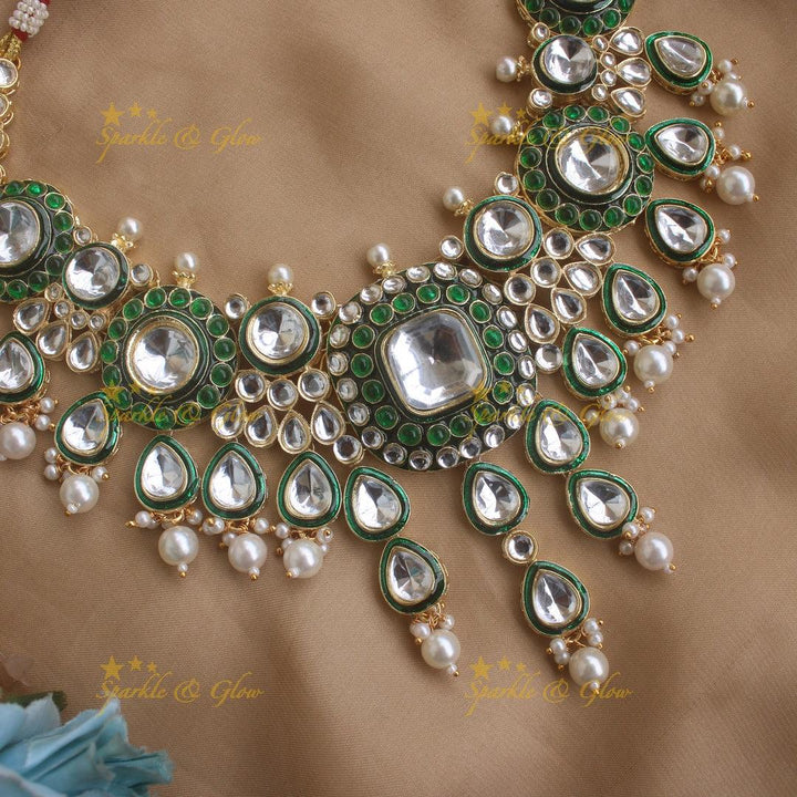 Stunning Floral Victorian Kundan Necklace with Pearl drops- Green - Sparkle and Glow