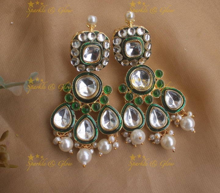 Stunning Floral Victorian Kundan Necklace with Pearl drops- Green - Sparkle and Glow