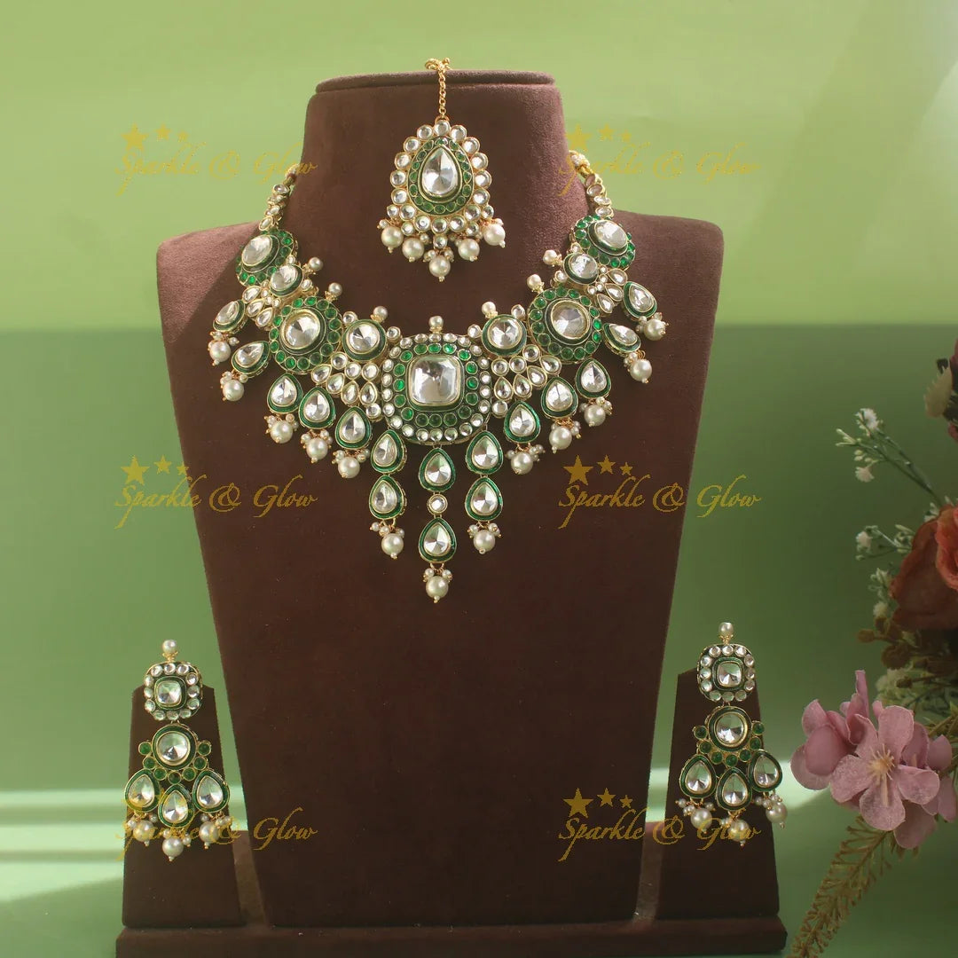Stunning Floral Victorian Kundan Necklace with Pearl drops- Green - Sparkle and Glow
