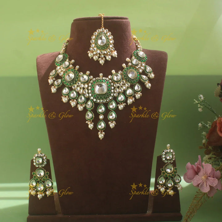 Stunning Floral Victorian Kundan Necklace with Pearl drops- Green - Sparkle and Glow