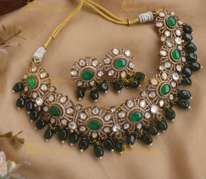 Elegant Floral Victorian AD necklace with Green beads - Sparkle and Glow