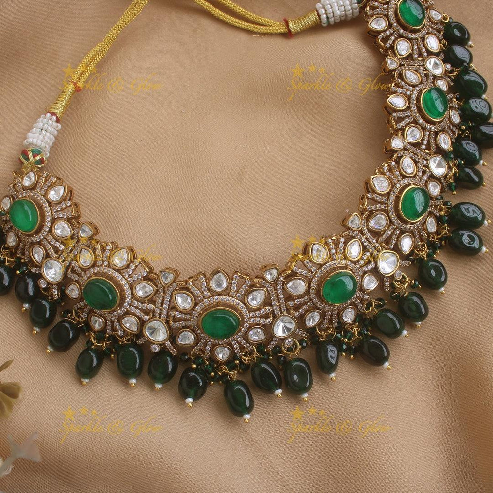 Elegant Floral Victorian AD necklace with Green beads - Sparkle and Glow
