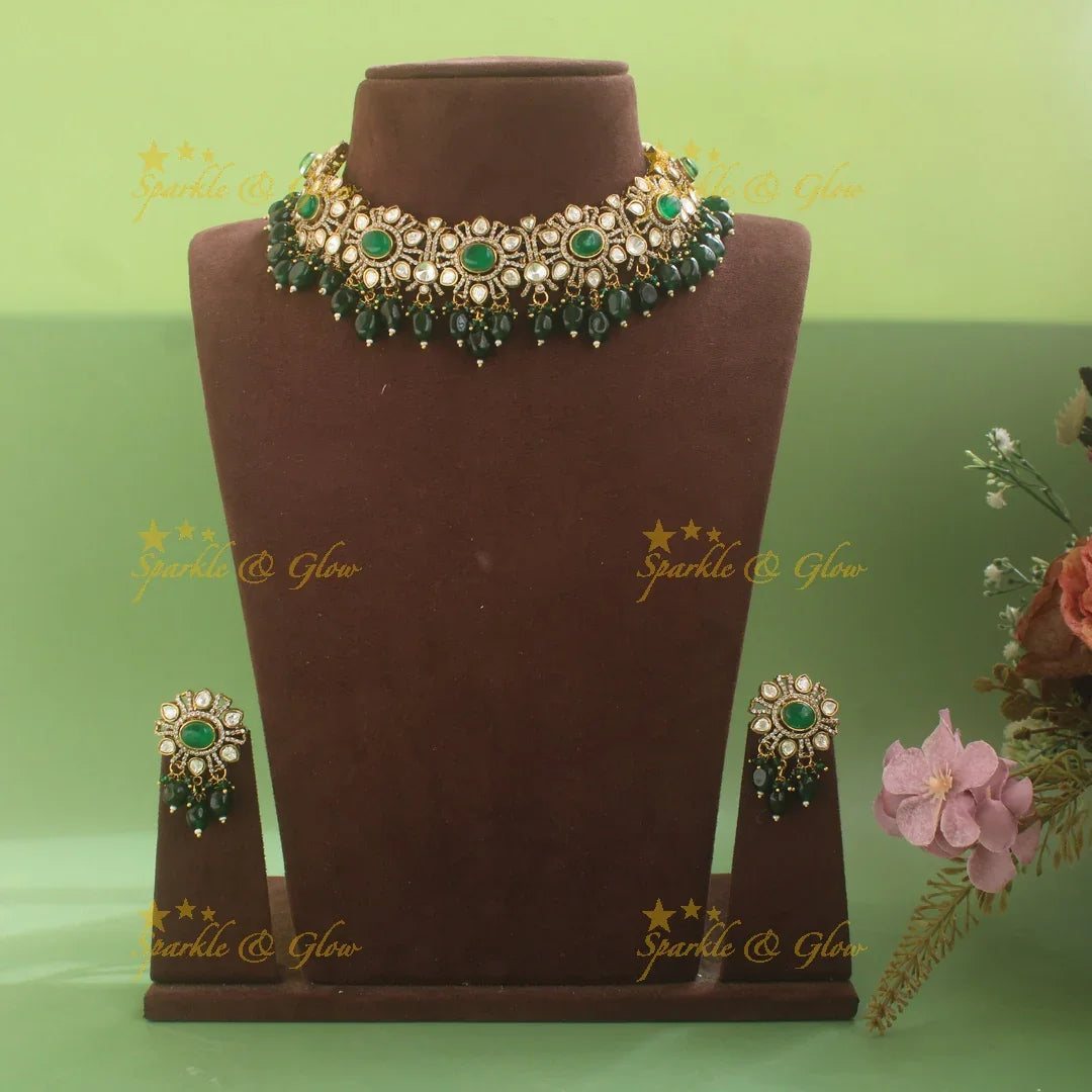 Elegant Floral Victorian AD necklace with Green beads - Sparkle and Glow