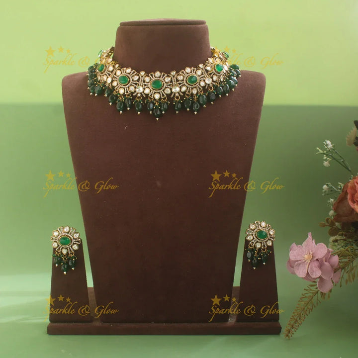 Elegant Floral Victorian AD necklace with Green beads - Sparkle and Glow