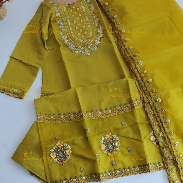 Beautiful Modal Silk Kurti pant with Organza Dupatta set- Mustard Yellow - Sparkle and Glow