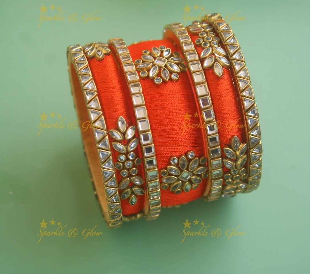 Stunning Floral Leaf Square design Silk Thread Bridal Bangles- Orange-White