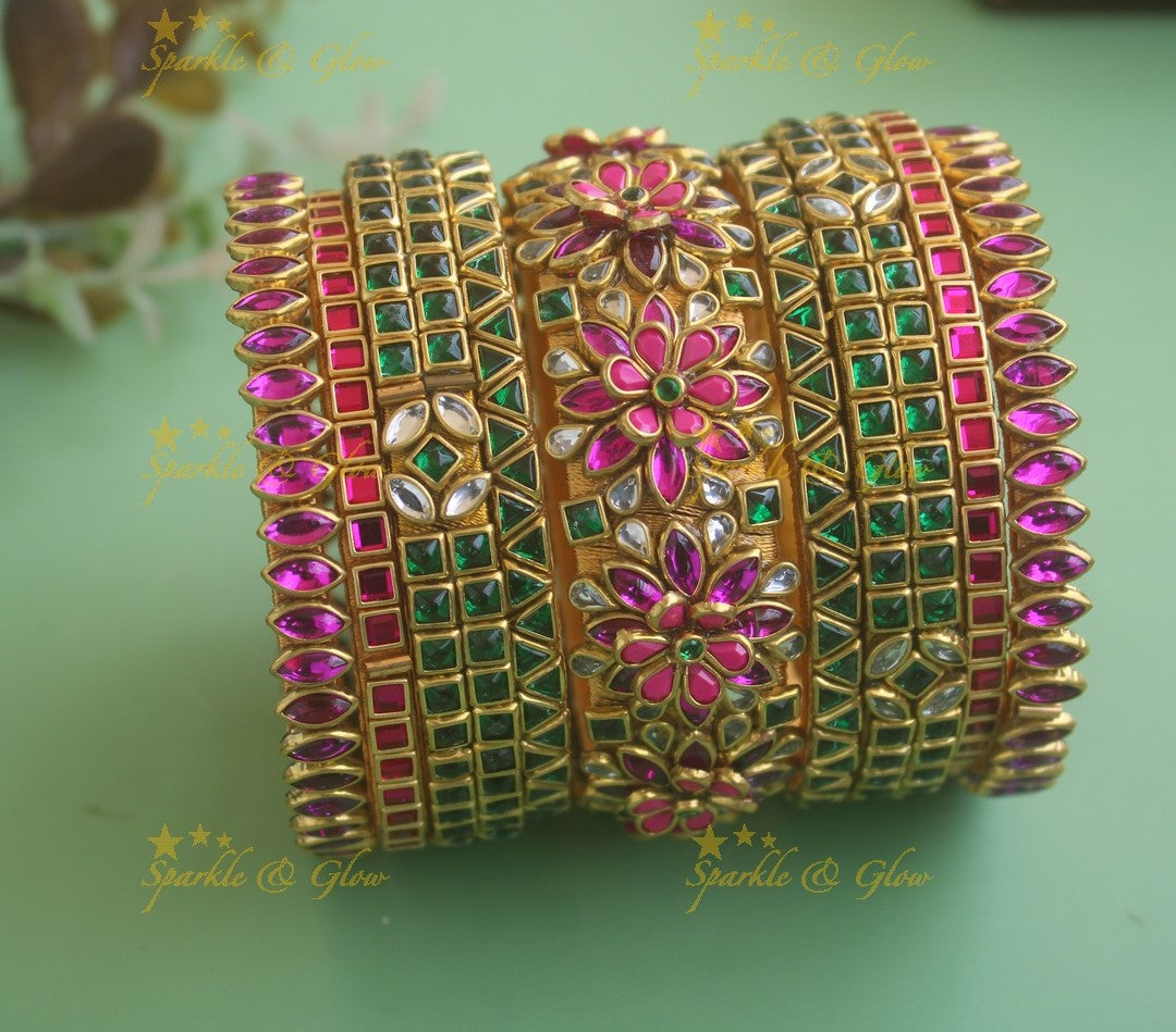 Beautiful Square Oval design Floral Silk thread Bridal Bangles- Pink-Red-Green