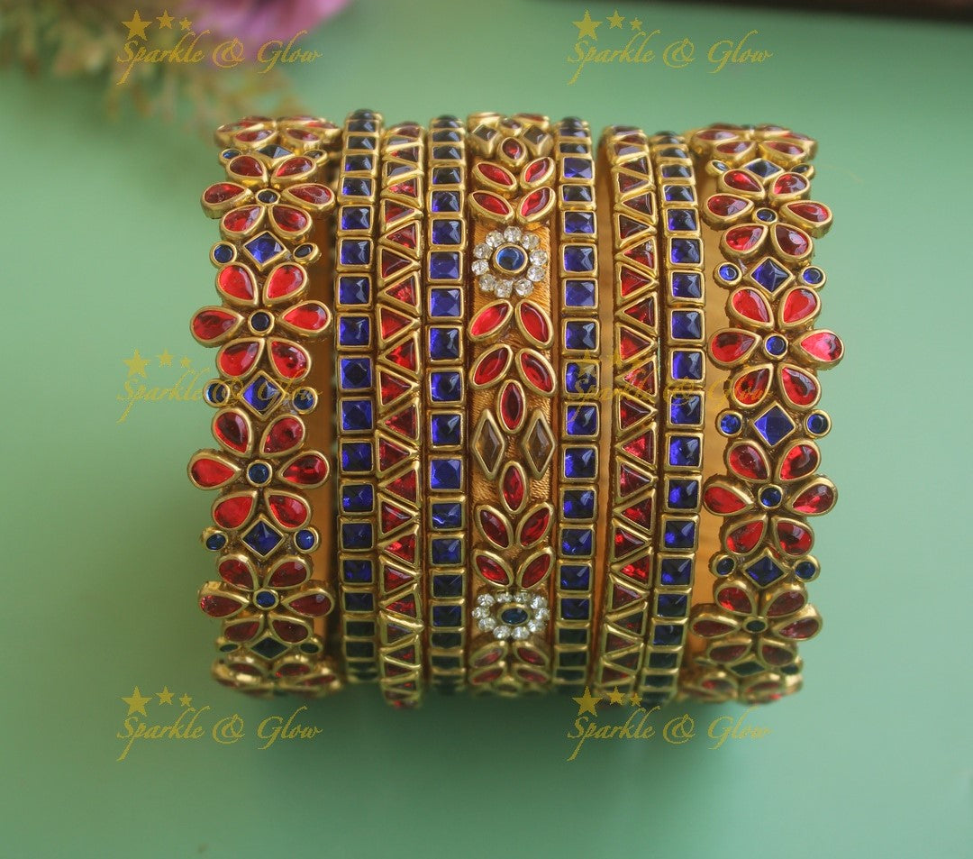 Elegant Floral Silk Thread Bridal Bangles- Blue-Red