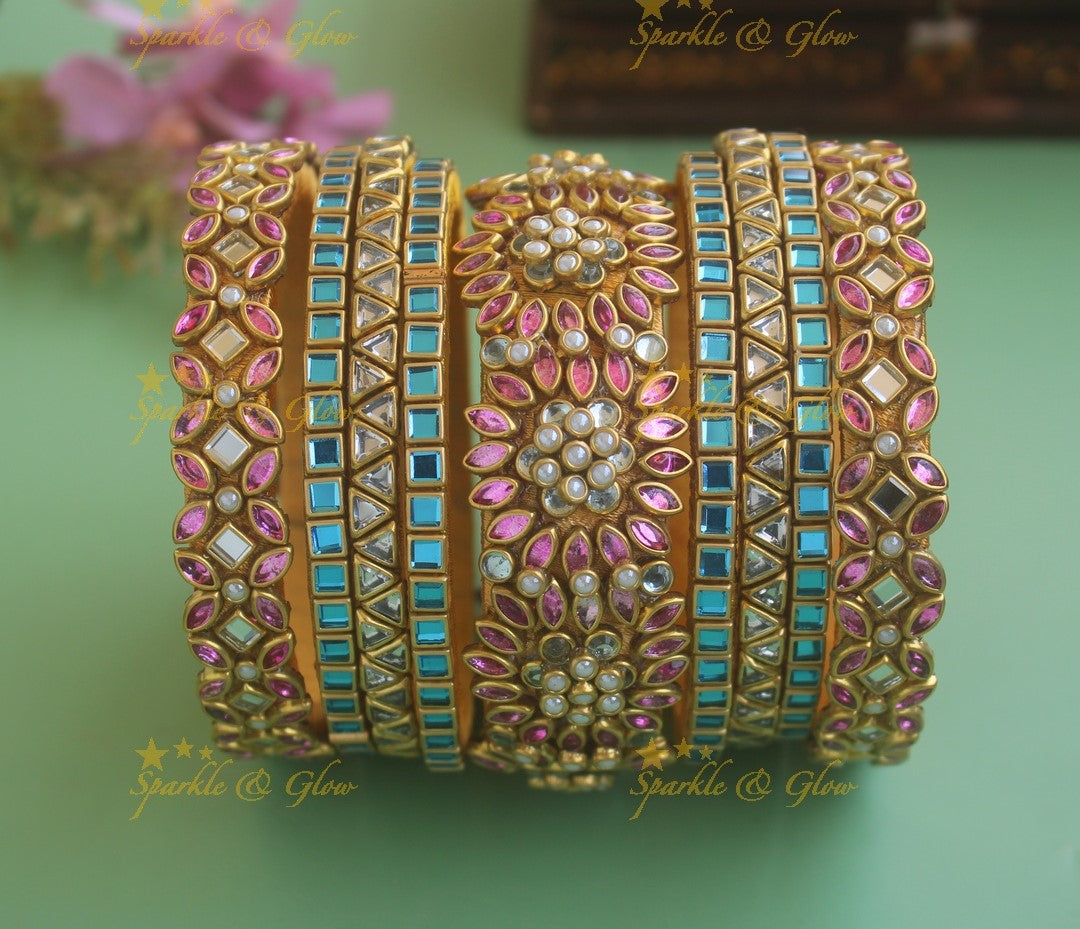 Intricately carved Floral Silk thread Bridal Bangles-Skyblue-White-Light Pink