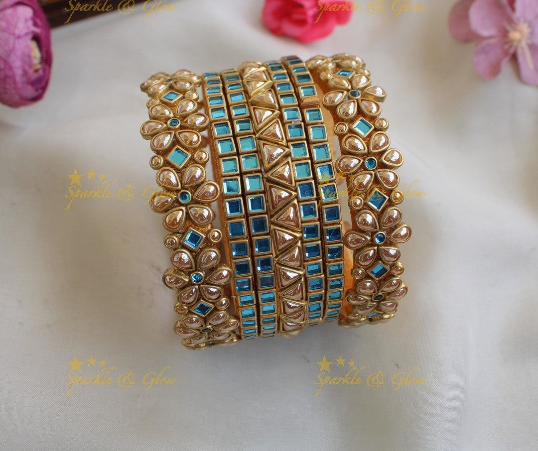 Stunning Square floral Silk Thread Bridal Bangles- Skyblue-Gold